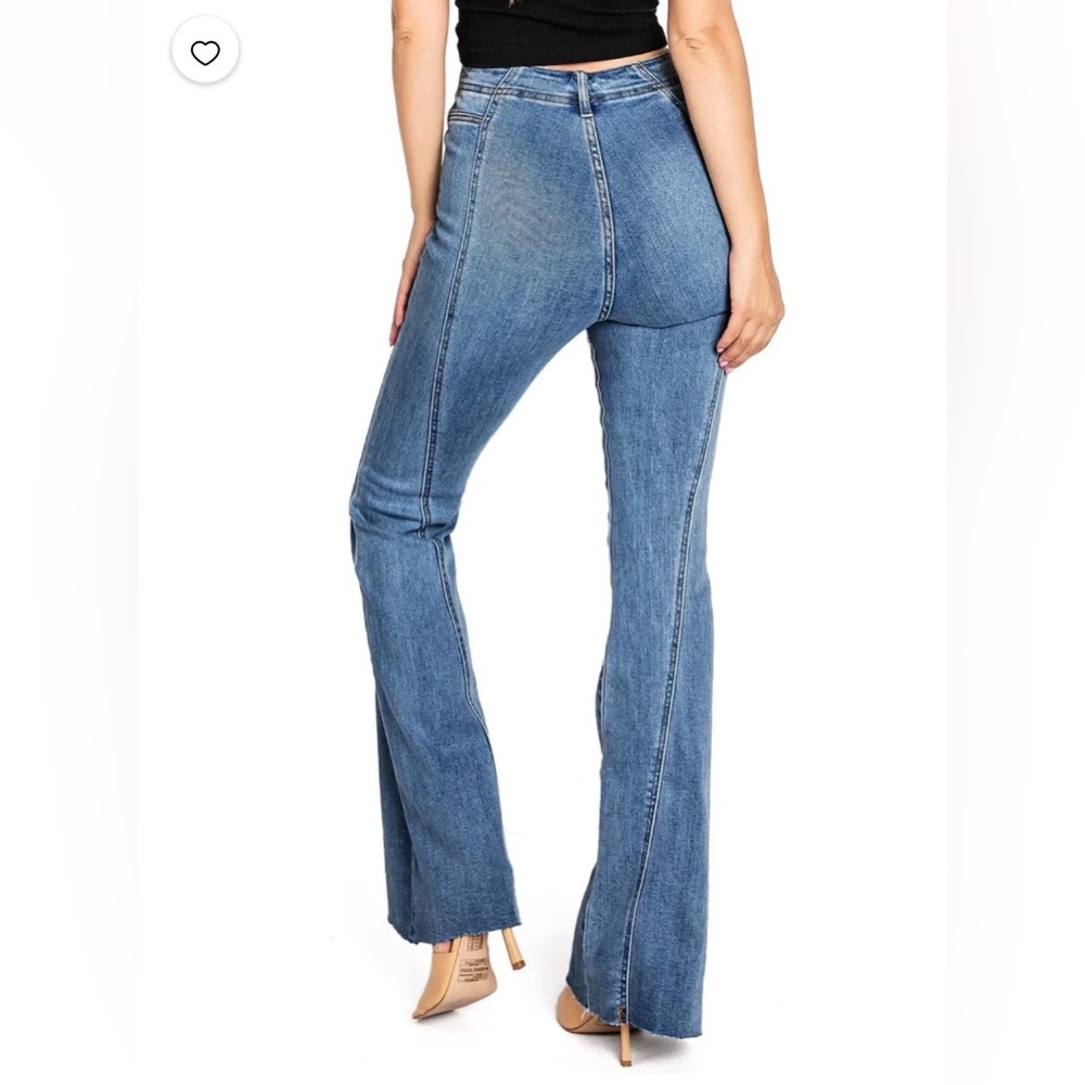 Cello Women's Mid-Blue High-Rise Flare Jeans exposed button fly raw hem sz 28 - Picture 4 of 14